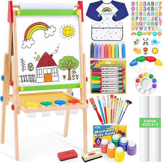 Art Easel for Kids Easel for Toddlers, Adjustable Wooden Kids Drawing Easel with Magnetic Whiteboard & Chalkboard, Kids Dry Erase Board, Easel for Kids Ages 3 4-8 9-12,Green w/Tray