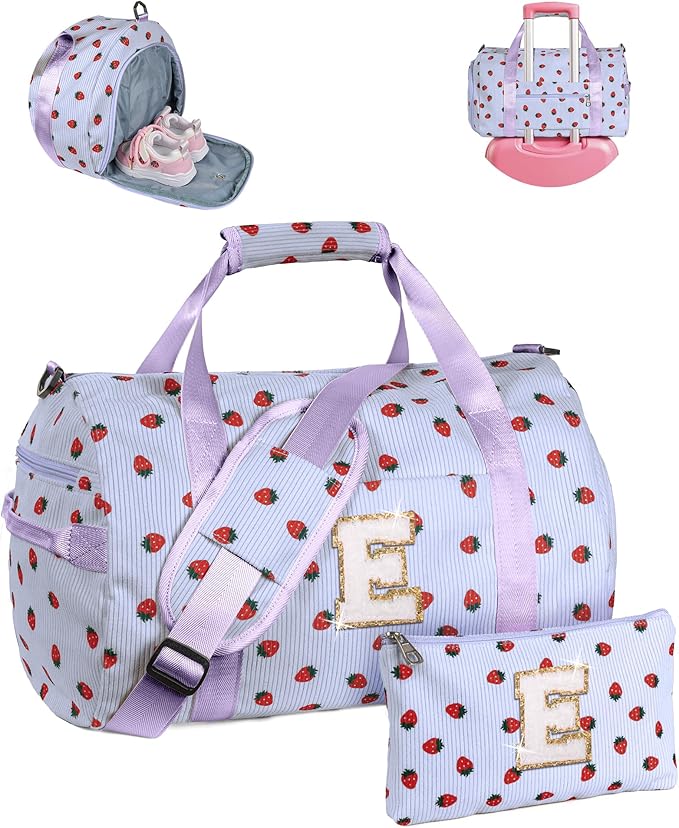 11 Year Old Girl Birthday Gifts, Girls Gym Bag, Kids Personalized Overnight Duffle Bags with Shoe Compartment, Monogram Travel Tote with Makeup Bag, Gift for Sister (Letter E)