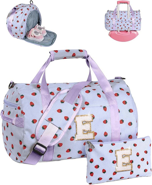 11 Year Old Girl Birthday Gifts, Girls Gym Bag, Kids Personalized Overnight Duffle Bags with Shoe Compartment, Monogram Travel Tote with Makeup Bag, Gift for Sister (Letter E)
