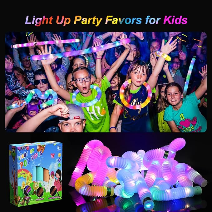 Light Up Pop Fidget Tubes Party Favors for Kids, 12 Pack Glow in The Dark Party Supplies Toddler Sensory Toys, Large Glow Sticks as Goodie Bag Stuffers and Birthday Party Pack Return Gifts for Kids