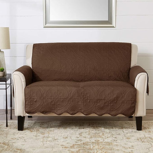 Great Bay Home Medallion Stitched Solid Furniture Protector Stain Resistant Durable Furniture Protector Elenor Collection (Loveseat, Chocolate/Taupe)