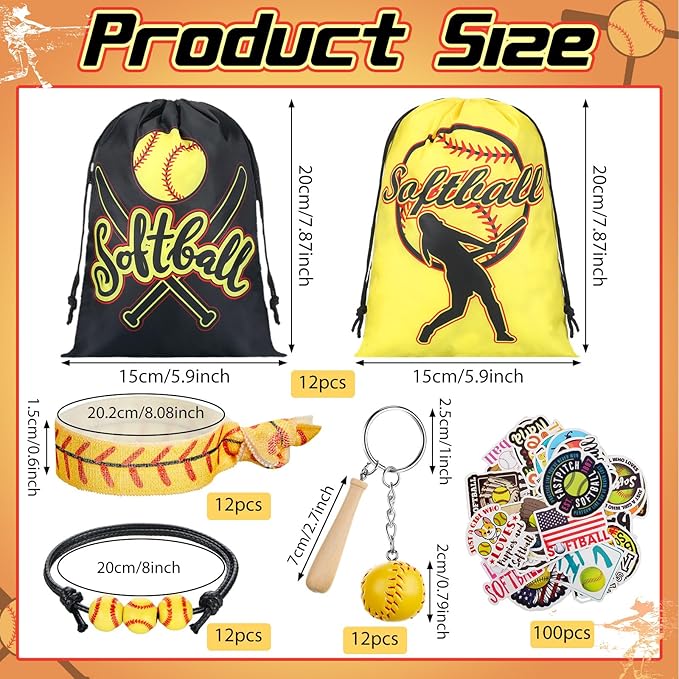 Jenaai 148 Pcs Softball Party Favors Include Softball Drawstring Bags Softball Charm Bracelets Softball Keychain Softball Hair Ties Softball Stickers, Softball Gifts for Women Birthday(Classic)