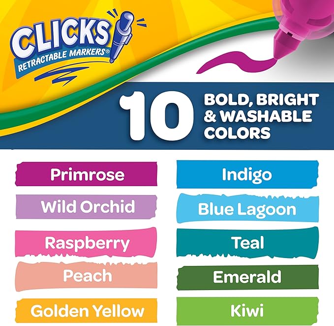 Crayola Clicks Retractable Markers (10ct), Washable Markers for Kids, Click Markers, School Supplies for Kids, Gifts, Ages 5+