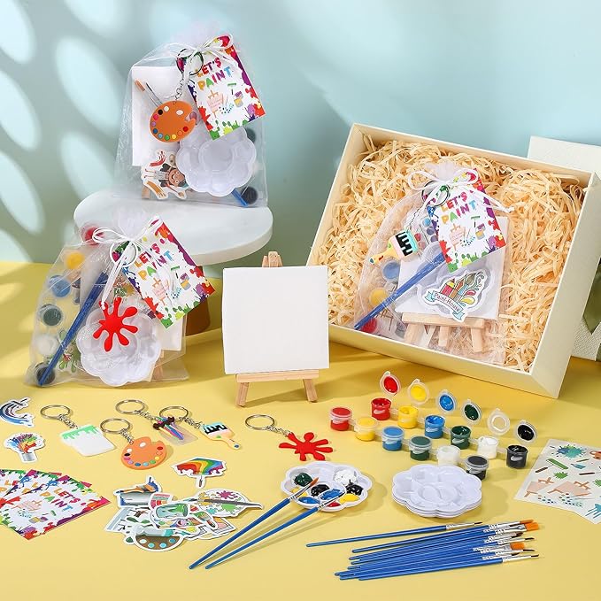 HyDren Paint Party Favors Include Mini Watercolor Paint Set Small Painting Canvas with Easel Palette Brush Paint Stickers Tattoo Sticker Keychain for Class Birthday Art Party(Novel Style,222 Pcs)