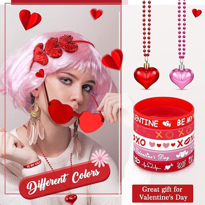 36 Pieces Valentine's Day Party Favors Set Includes 8 Valentines Heart Sequin Headbands 8 Heart Shaped Pendant Bead Necklaces 20 Silicone Bracelets Gifts for Valentine's Day Costume Party Accessory