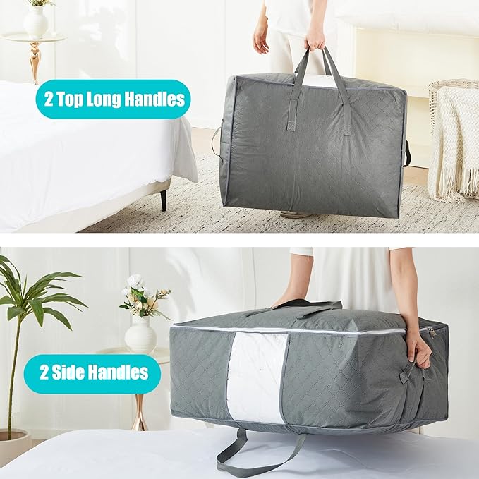 105L Extra Large Storage Bags for Blankets, King Comforters, Bedding, Clothes, Pillows, Sheets - Closet Organizers and Storage with 4 Handles & Clear Window, Foldable & Breathable (Grey, 2pack)