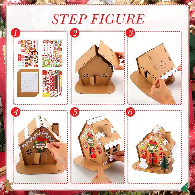 6 Sets Christmas Gingerbread House Kit Christmas Crafts for Kids Mini Christmas Cardboard Make-a-Gingerbread House Craft for Boy Girl Christmas Party Game Craft Supplies(Classic Style)