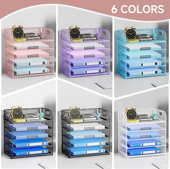 5-Tier Stackable Paper Organizer with Handle, Pink Metal Mesh Letter Tray | Stylish Desk File Sorter for Office, Home & Classroom Supplies