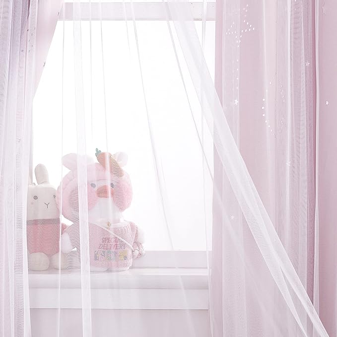NICETOWN Kids Blackout Curtains for Bedroom - Grommet Thermal Insulated Hollow-Out Moon Star Double Layer Curtains for Nursery Living Room, Set of 2 Panels, 34 x 84 Inch Long, Pink