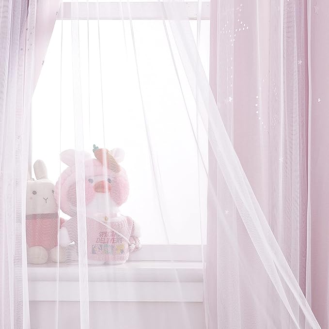 NICETOWN Short Curtains for Nursery Bedroom, Double Layer 63 inches Long Moon Star Cutout Girls Ombre Curtains with Sheer Overly for Living Room Nursery, 2 Panels, 42" Wide, Pink