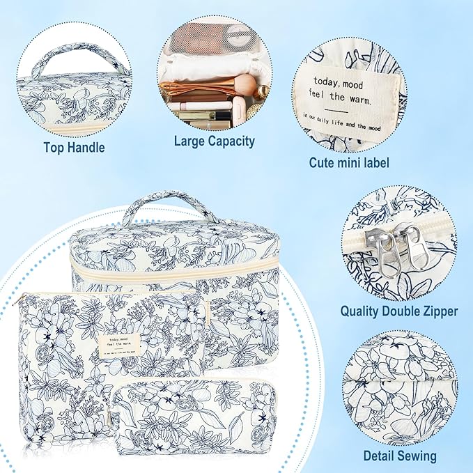 URSKYTOUS 3Pcs Cotton Quilted Makeup Bag for Women Girls Large Small Travel Black Floral Cosmetic Bags Set Cute Coquette Makeup Pouch for Purse Aesthetic Cloth Flower Storage Toiletry Bag Organizer