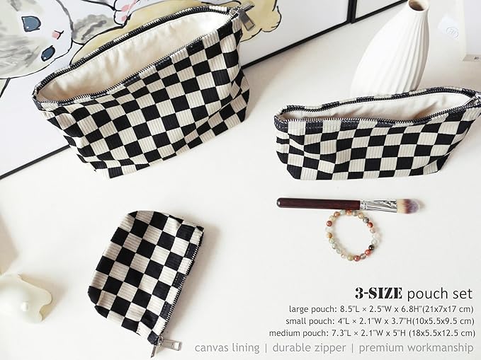 HAPPYHEIDI Checker Corduroy Makeup Bag Women Cosmetic Toiletry Travel Pouch Office Desk Organizer, Vintage Black White Block