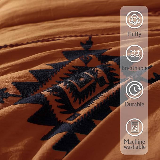 MaiRêve Embroidery Comforter Set, Boho Farmhouse Western Bedding Set, All Season Bed in A Bag Comforter Set with Sheets, Pillowcases & Shams, Burnt Orange King 7 Pieces