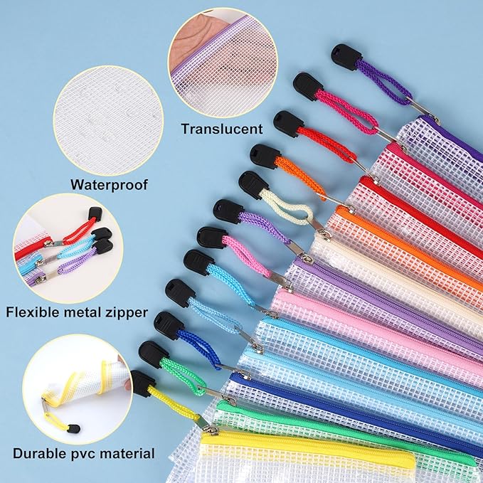 EOOUT 38pcs Mesh Zipper Pouch, Waterproof Zipper Bags, 8 Sizes Plastic Travel Pouch, 12 Colors, Multipurpose for Board Game, Travel Storage, School Supplies, Office Appliances, Home Organize