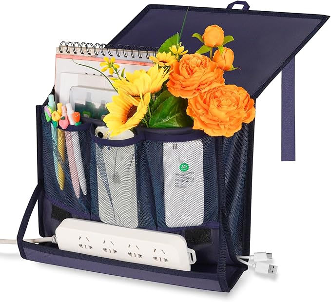 Bedside Storage Organizer with Power Strip Holder and Adjustable Straps Bed Hanging Bag for Home Bunk Bed Dorm Sofa (Navy Blue)