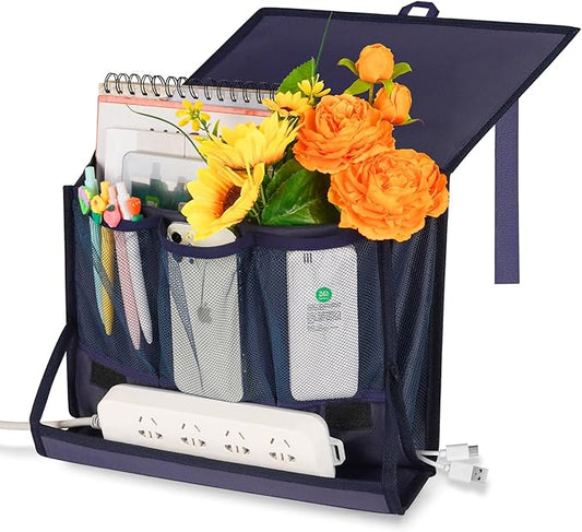 Bedside Storage Organizer with Power Strip Holder and Adjustable Straps Bed Hanging Bag for Home Bunk Bed Dorm Sofa (Navy Blue)