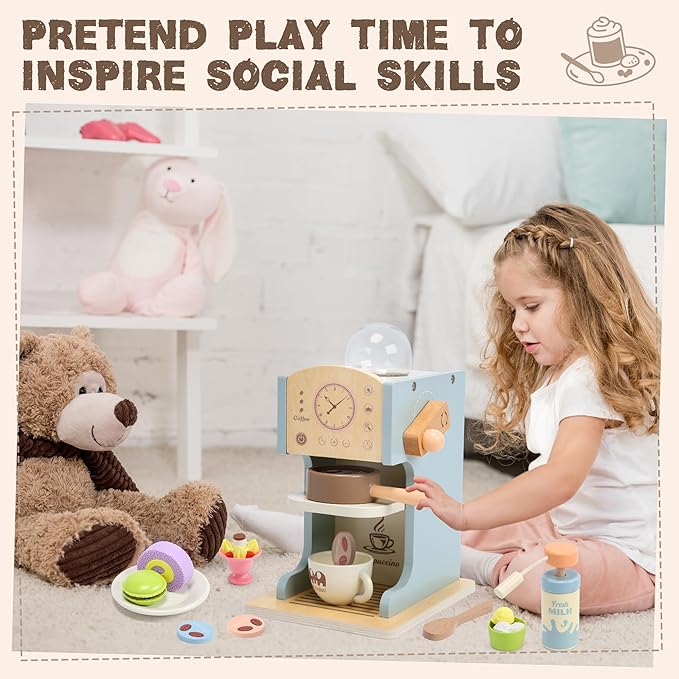 Kids Coffee Playset Kitchen Toys，Wooden Coffee Maker Toy Set with Play Kitchen Accessories, Pretend Play Coffee Set for Kids Girls Boys