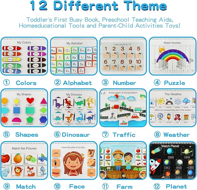 Busy Book for Kids, Montessori Autism Sensory Educational Toys, 12 Pages Toddler Preschool Activity Binder and Early Learning Toys - for Boys & Girls Develops Fine Motor Skills