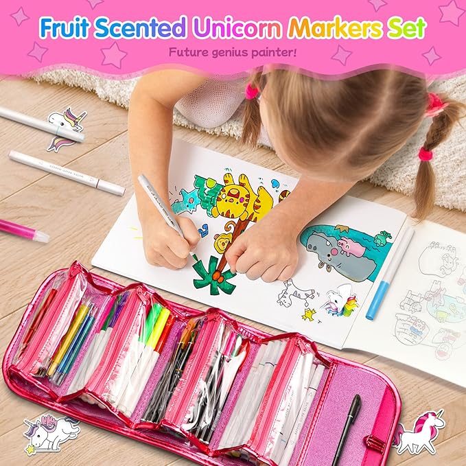 beefunni Unicorn Washable Markers Set 48 pcs with Glitte Pencil Case, Art Supplies for Kids Ages 4-6-8, Arts Crafts Coloring Set with Unicorn Stickers - Birthday Gifts for Girls 4 5 6 7 8 9 Year Old