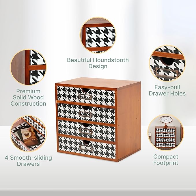 Houndstooth Pattern Wooden Desk Organizer - 4-Drawer Desktop Storage - Modern & Rustic Wood Cabinet for Office Supplies, Craft Tools, & Home Organization - Elegant Drawer Unit