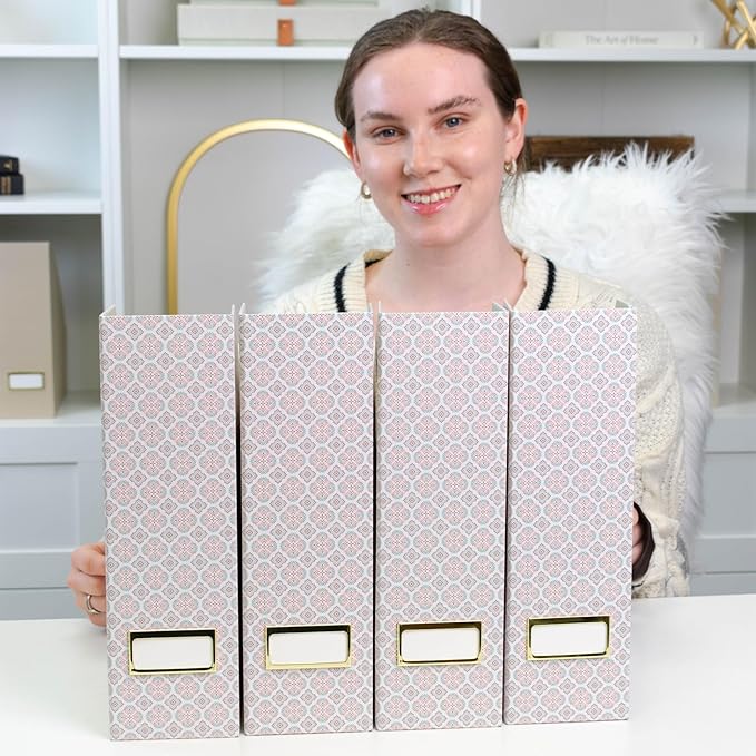 BLU MONACO | Foldable Magazine File Holder Set of 4 | Moroccan Tile Cardboard Organizers | Vertical Desk and Shelf Storage for Home Office Dorm | Decorative File Boxes