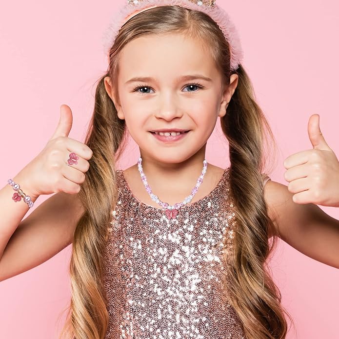 Butterfly Jewelry Set, Kids Butterfly Jewelry for Girls Included Necklace Bracelet Ring, Stretchy Toddler Play Jewelry Cute Toddlers Butterfly Pendant,Pretend Dress up Jewelry