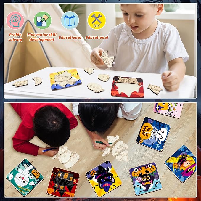 8 Pack Halloween Wooden Puzzles for Toddlers Halloween Puzzles Coloring Craft Kits for Kids Boys Girls Montessori Toys Halloween Party Favors Treat Bag Gifts Educational Learning Jigsaw Puzzle