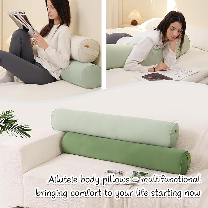 Bolster Pillow for Bed – Long Round Body Pillow for Adults, Cuddle Pillow for Sleeping, Full-Length Support,39.37 x 7.87 Inches,Celadon Green