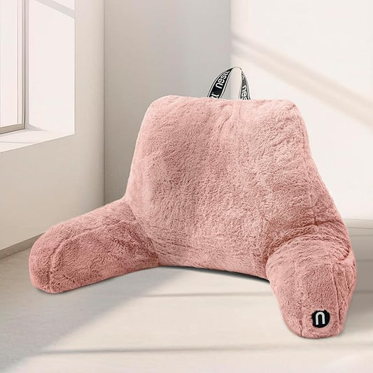 Nestl Fur Reading Pillow, Stylish Back Pillow for Bed Sitting Up, Faux Fur Bed Chair Pillow with Arms, Reading Pillows for Sitting in Bed Adult & Kids, Back Support Pillow for Bed Rest - Peach Beige