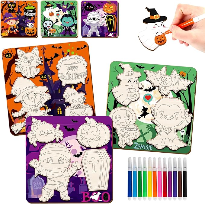 Halloween Wooden Puzzles for Toddlers Halloween Puzzles Coloring Craft Kits for Kids Boys Girls Montessori Toys Halloween Party Favors Treat Bag Gifts Educational Learning Jigsaw Puzzle, 3 Pack