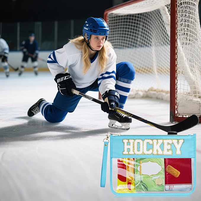 BuyCard 2 Pcs Hockey Gifts Makeup Bag with Chenille Letter Patch, Clear Cosmetic Pouch PVC Organizer Purse, Waterproof Travel Bag, Portable Toiletry Storage Bag for Her Girls Friends Women