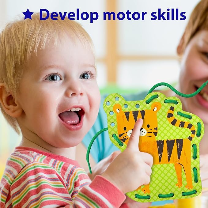 KRAFUN Safari Animal Preschool Arts & Crafts Lacing Kit, 10 Easy Lacing Cards for Toddlers Fine Motor Skills