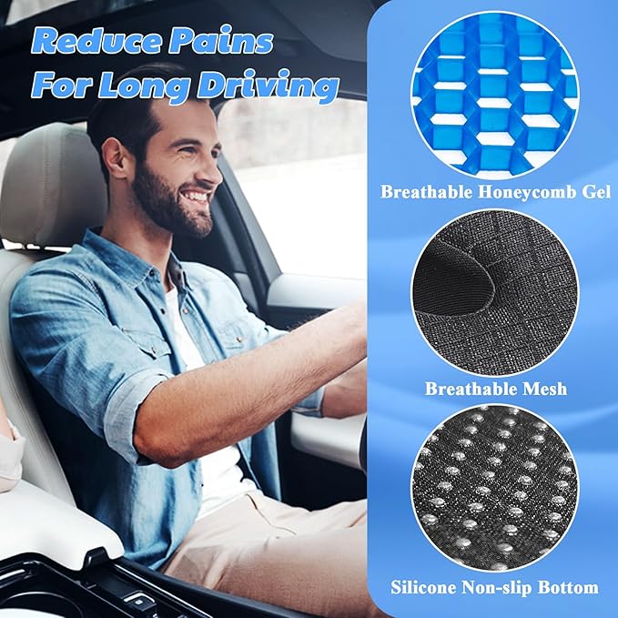 3D Gel & Memory Foam Car Seat Cushion for Driving - Breathable Honeycomb Gel & Support Orthopedic Coccyx,Tailbone,Sciatica & Back Pain Relief-Office Chairs,Wheelchair