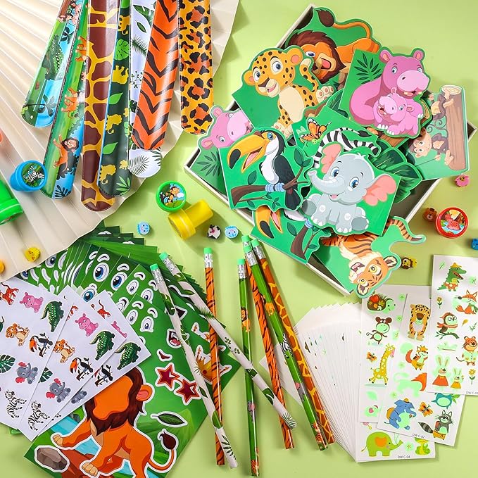 BenLouis 120Pcs Jungle Safari Party Favors Zoo Animals Sticker Stampers Slap Bracelets School Stationery Set Bulk Classroom Prizes for Kids Wild One Party Baby Shower Goodie Bags Fillers