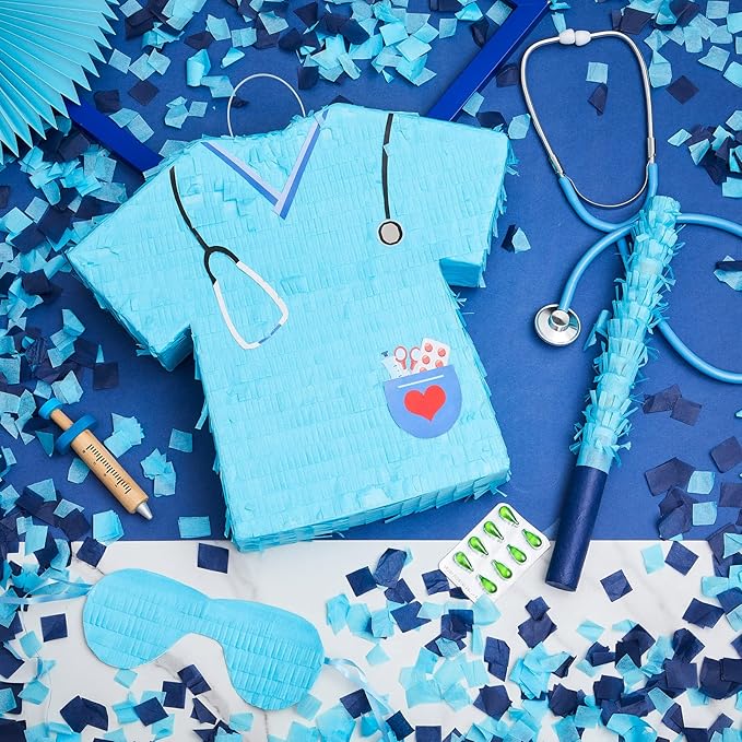 Lewtemi 14.1 Inch Nurse Piñata Bundle with Blindfold, Bat and Confetti, Blue Nurse Party Piñata, Nurse Party Favor, Piñatas for Graduation Gift Rn Themed Birthday Party Nursing School Party Supply
