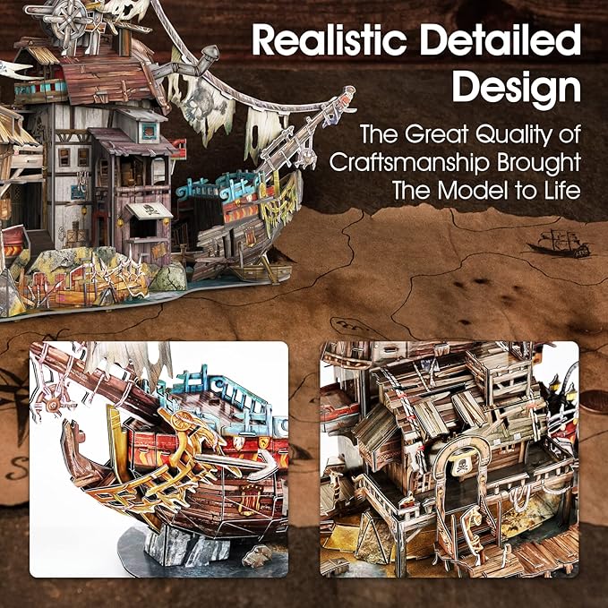 CubicFun 3D Puzzles for Adults Kids Tortuga Pirate Bay Cool Pirate Shipwreck Home Decor Indoor Model Kits Ragged Pirate Ship Crafts for Adults Birthday Gifts for Kids Women Men Teen Boy Room Decor