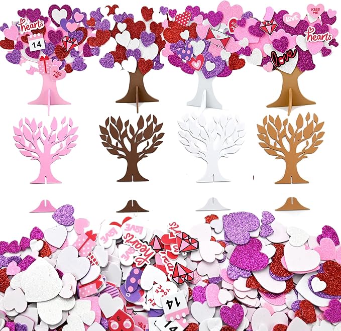 24 Sets DIY Valentine's Day Foam Tree Crafts Kits Decorations Self Adhesive Heart Sticker Love Heart Letter Shiny Sticker for Kids Party Favors Fun Classroom Home Activities