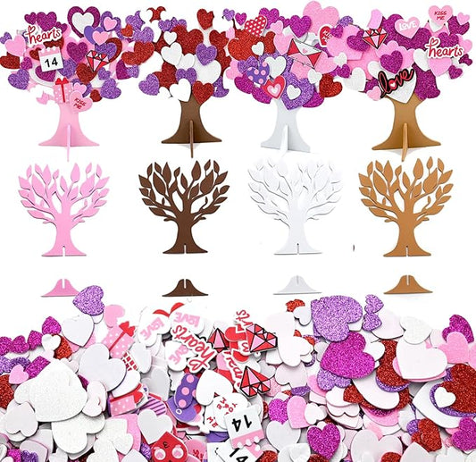 24 Sets DIY Valentine's Day Foam Tree Crafts Kits Decorations Self Adhesive Heart Sticker Love Heart Letter Shiny Sticker for Kids Party Favors Fun Classroom Home Activities