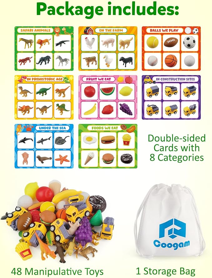 Coogam Sorting Toy for Toddlers, Animals Dinosaurs Fruits Vehicles Foods Fishes Balls Farm Playset, Fine Motor Montessori Game Preschool Educational Learning Gift for Year Old Kids