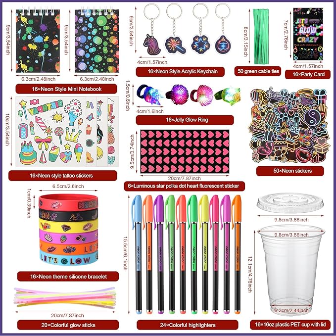 191 Pcs Glow in the Dark Party Supplies for Kids Adults Include Pet Cup Glow Stick Ring Notebook Highlighter Bracelet Sticker Keychain for DIY Birthday Neon Disco Party Decorations