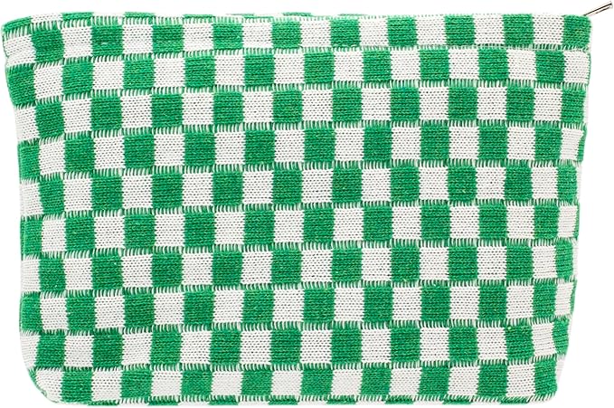 PAZIMIIK Knitted Checkered Makeup Bag Large Zipper Make Up Accessory Pouch for Purse Cosmetic Brush Bag for Travel Essential,Green