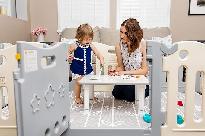 Baby Care Kids Folding Floor Table w/Adjustable Heights - for Play, Reading, and Snack Time and More (White/Grey)