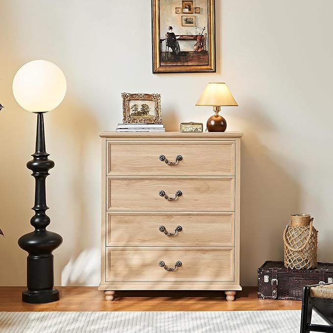 Farmhouse 4 Drawer Dresser for Bedroom, 37" Tall Rustic Chests of Drawers w/ 4 Solid Wood Feet, Mid Century Modern Wooden Closet Storage Dressers Organizer for Living Room, Hallway,Natural