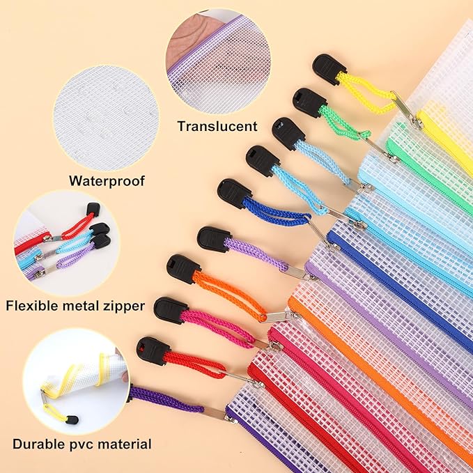EOOUT 28pcs Mesh Zipper Pouch, Waterproof Zipper Bags, 8 Sizes Plastic Travel Pouch, 10 Colors, Multipurpose for Board Game, Travel Storage, School Supplies, Office Appliances, Home Organize