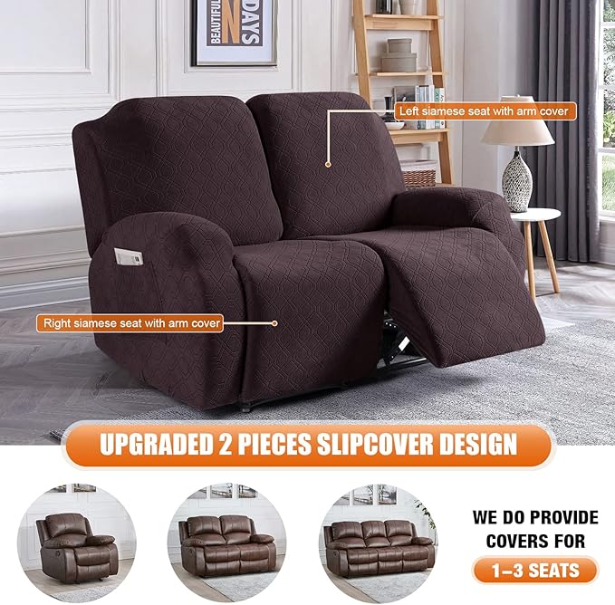 VANSOFY Oversized Recliner Cover, 2-Pieces Stretch Reclining Couch Cover with Pockets Loveseat Sofa Slipcovers Soft Washable Furniture Protector for Dogs Cats(Chocolate)