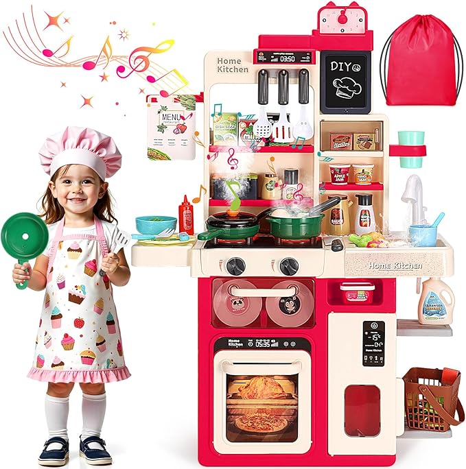 Kids Kitchen Playset, Easface Play Kitchen for Toddlers 1-3 with Sound and Light, Cooking Stove with Steam, Play Sink and Toy Kitchen Accessories Pretend Kitchen Toys for Girls Boys 3-5 (Red)