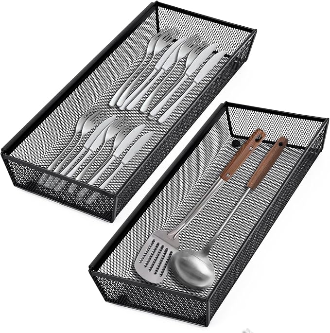 Neudeco Silverware Drawer Organizer,Utensil Organizer for Kitchen Drawer Organizer for Large Utensils with Interlocking Arm, Silverware Storage Cutlery Tray for Knives Fork Spoon (Pack 5, Black)