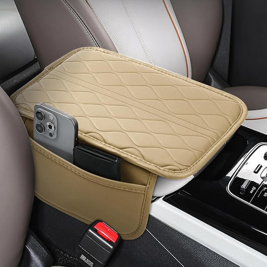 frani Car Center Console Cover,Leather Car Armrest Cover with 2 Storage Bags,Universal Car Arm Rest Cover,Car Interior Accessories Protector for Most Vehicle Beige