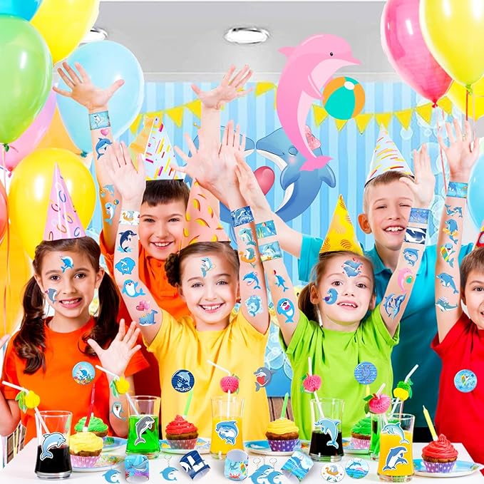 98 PCS Dolphin Party Favors, Dolphin Temporary Tattoos Slap Bracelets Keychains Stickers Badges for Dolphin Birthday Party Decorations Supplies Gifts for Kids Teens Boys Girls Classroom Rewards