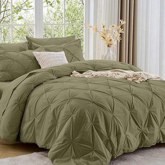 Sasttie California King Comforter Set, 7-Piece Bed in a Bag, Pintuck Bedding Sets for All Season, Includes Comforter, Flat Sheet, Fitted Sheet, Pillowcases and Pillowshams, Olive Green